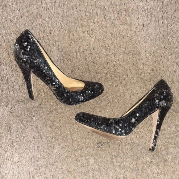 BADGLEY MISCHKA-Black/Silver Sequin Party Heels-SZ 6-Excellent - Picture 1 of 7